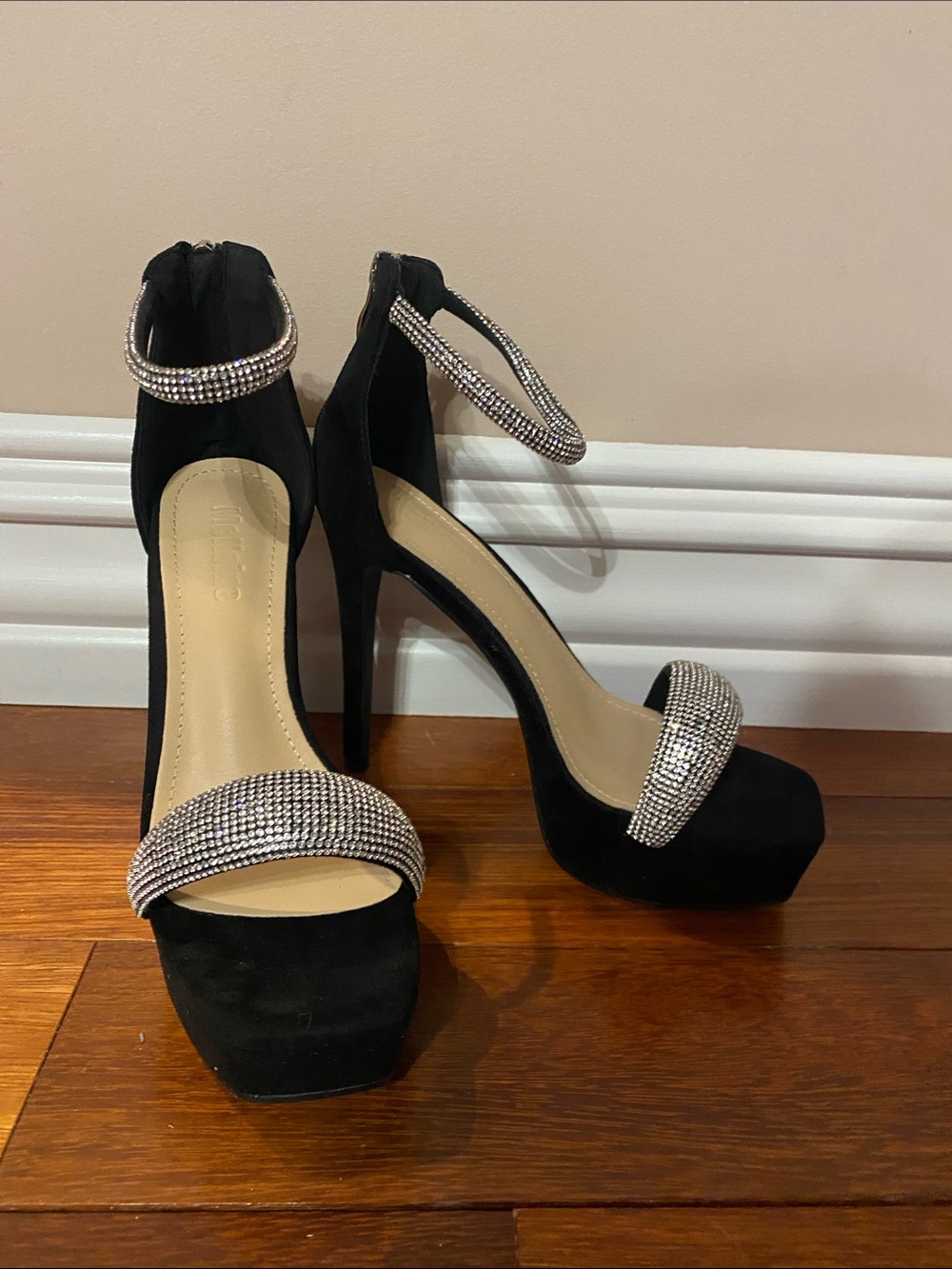 Black Rhinestone Ankle-Strap Platform Heels